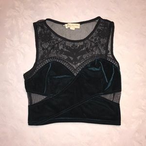 Teal velvet and black mesh detailed crop top